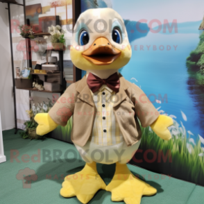 Beige Gosling mascot costume character dressed with a Romper and Bow ties