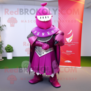 Magenta Medieval Knight mascot costume character dressed with a Wrap Skirt and Hairpins