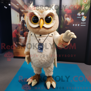 Maskot postava béžové sovy...