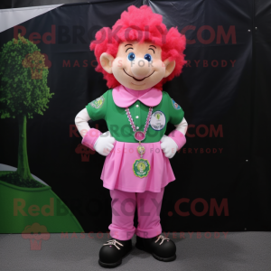 Pink Leprechaun mascot costume character dressed with a Polo Shirt and Necklaces