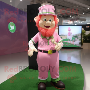 Pink Leprechaun mascot costume character dressed with a Polo Shirt and Necklaces