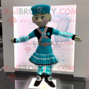 Cyan Irish Dancer mascot costume character dressed with a Graphic Tee and Bracelets