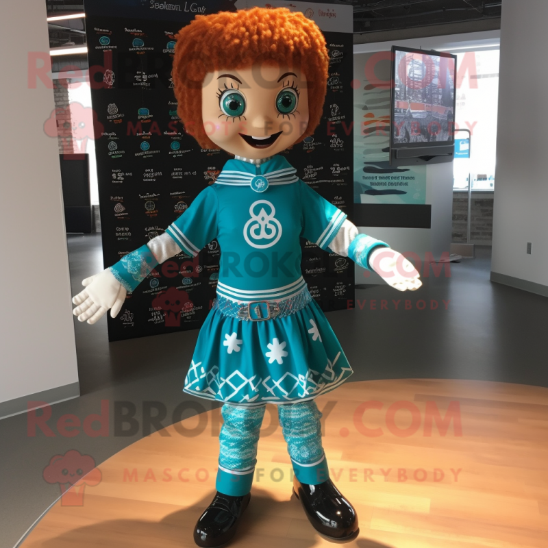 Cyan Irish Dancer mascot costume character dressed with a Graphic Tee and Bracelets