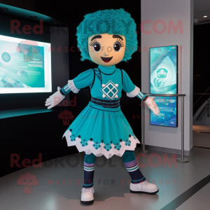Cyan Irish Dancer mascot costume character dressed with a Graphic Tee and Bracelets