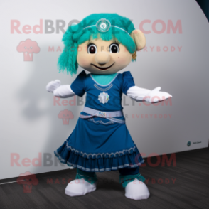 Cyan Irish Dancer mascot costume character dressed with a Graphic Tee and Bracelets