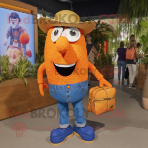 Orange Paella mascot costume character dressed with a Denim Shirt and Handbags