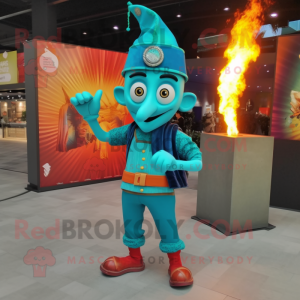 Turquoise Fire Eater mascot costume character dressed with a T-Shirt and Berets