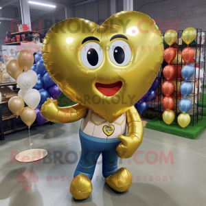Gold Heart Shaped Balloons mascot costume character dressed with a Jeans and Necklaces