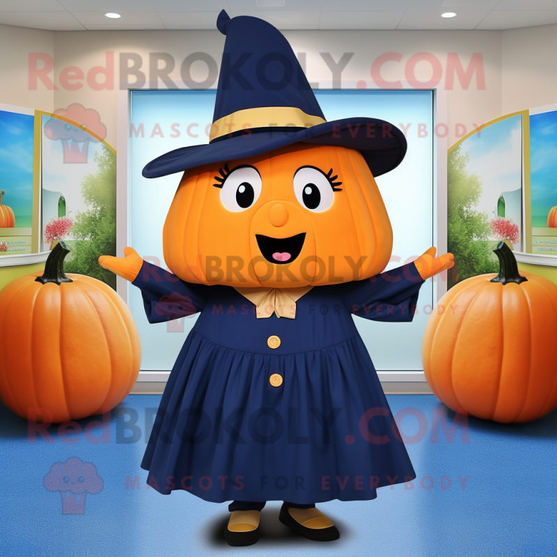 Navy Pumpkin mascot costume character dressed with a Wrap Skirt and Hats