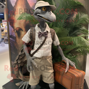 Silver Deinonychus mascot costume character dressed with a Cargo Shorts and Handbags