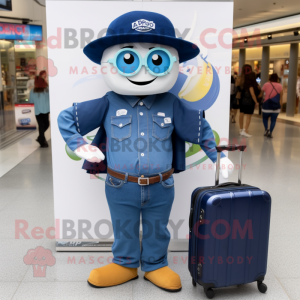 Navy Gyro mascot costume character dressed with a Boyfriend Jeans and Briefcases