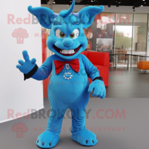 Cyan Devil mascot costume character dressed with a Jeans and Bow ties