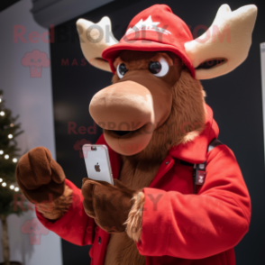 Red Elk mascot costume character dressed with a Chinos and Mittens