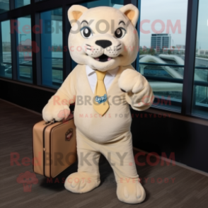 Cream Puma mascot costume character dressed with a Corduroy Pants and Briefcases