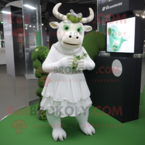Green Bull mascot costume character dressed with a Wedding Dress and Bracelet watches