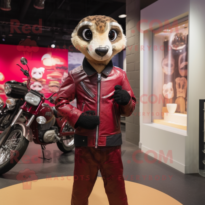 Maroon Meerkat mascot costume character dressed with a Biker Jacket and Clutch bags