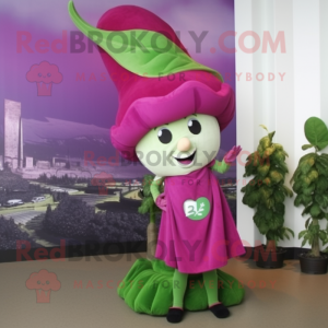 Magenta Beanstalk mascot costume character dressed with a Mini Dress and Caps