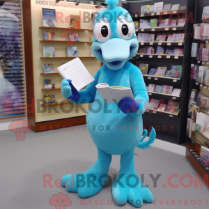 Maskotfigur af en cyan...