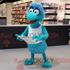 Maskotfigur af en cyan...