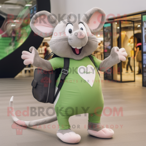 Olive Rat mascot costume character dressed with a Yoga Pants and Clutch bags