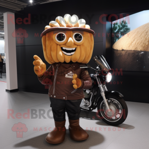 Brown French Fries mascot costume character dressed with a Biker Jacket and Coin purses