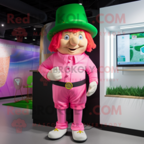 Pink Leprechaun mascot costume character dressed with a Bermuda Shorts and Caps