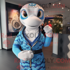 Maskotfigur af en himmelblå...