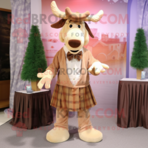 Tan Moose mascot costume character dressed with a Skirt and Pocket squares