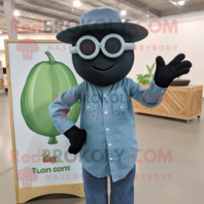 Black Cucumber mascot costume character dressed with a Chambray Shirt and Sunglasses