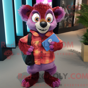 Maskotfigur af en magenta...