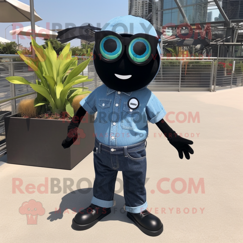 Black Cucumber mascot costume character dressed with a Chambray Shirt and Sunglasses