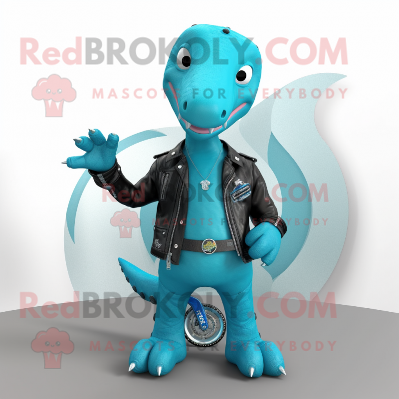 Cyan Diplodocus mascot costume character dressed with a Moto Jacket and Bracelets