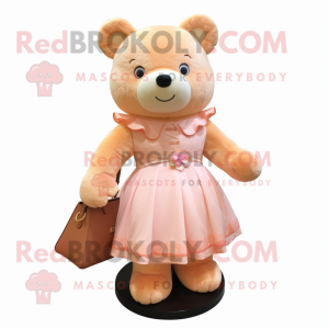 Peach Teddy Bear mascot costume character dressed with a Dress and Handbags