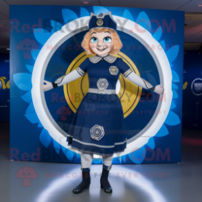 Navy Celtic Shield mascot costume character dressed with a Skirt and Rings
