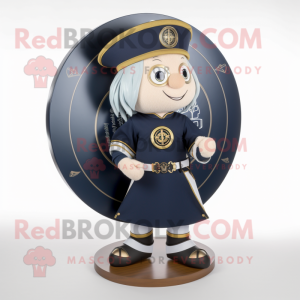 Navy Celtic Shield mascot costume character dressed with a Skirt and Rings