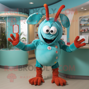 Turquoise Lobster Bisque mascot costume character dressed with a Playsuit and Hair clips