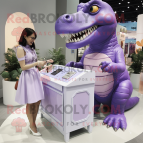 Lavender T Rex mascot costume character dressed with a Pencil Skirt and Watches