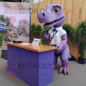 Lavender T Rex mascot costume character dressed with a Pencil Skirt and Watches