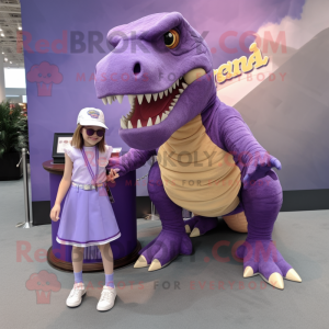 Lavender T Rex mascot costume character dressed with a Pencil Skirt and Watches