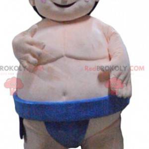 Japanse dikke worstelaar sumo-mascotte met blauwe onderbroek -