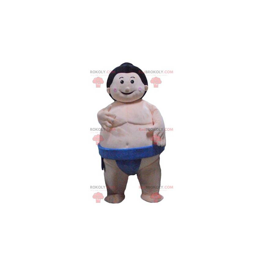 Japanse dikke worstelaar sumo-mascotte met blauwe onderbroek -