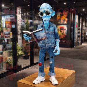 Sky Blue Undead mascot costume character dressed with a Flare Jeans and Reading glasses