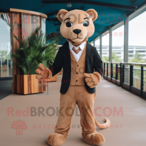 Tan Jaguarundi mascot costume character dressed with a Suit Jacket and Shoe clips