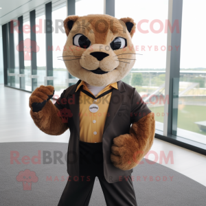 Tan Jaguarundi mascot costume character dressed with a Suit Jacket and Shoe clips