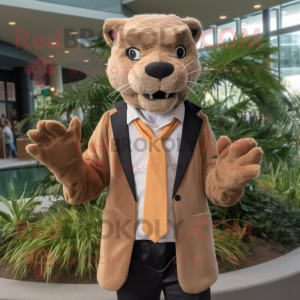 Tan Jaguarundi mascot costume character dressed with a Suit Jacket and Shoe clips