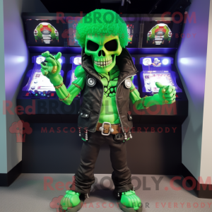 Maskot postava zelené lebky...