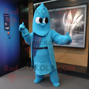 Cyan Knife Thrower mascot costume character dressed with a Coat and Bracelets