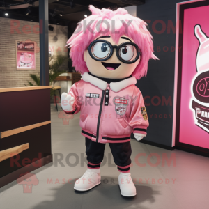 Pink Ramen mascot costume character dressed with a Bomber Jacket and Eyeglasses