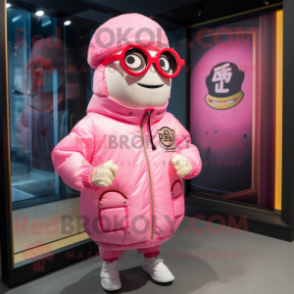 Pink Ramen mascot costume character dressed with a Bomber Jacket and Eyeglasses