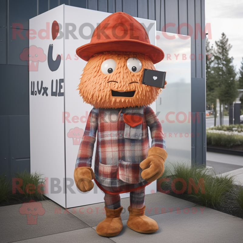 Rust Love Letter mascot costume character dressed with a Flannel Shirt and Caps